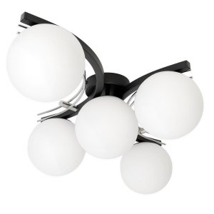 Nowoczesna lampa sufitowa 5-płomienna – kula mleczna – czarny z chromowanym wykończeniem – do salonu, sypialni, korytarza – produkcja Polska
