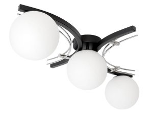 Nowoczesna lampa sufitowa 3-płomienna – kula mleczna – czarny z chromowanym wykończeniem – do salonu, sypialni, korytarza – produkcja Polska