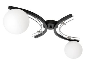 Nowoczesna lampa sufitowa 2-płomienna – kula mleczna – czarny z chromowanym wykończeniem – do salonu, sypialni, korytarza – produkcja Polska