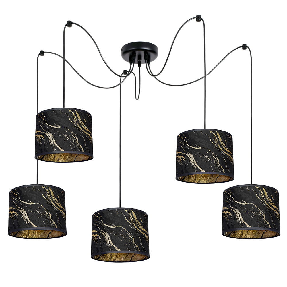 Lampa wisząca Lava Lux 5 – czarno-złoty pająk z abażurami | Designerski żyrandol do salonu, sypialni i wnętrz komercyjnych