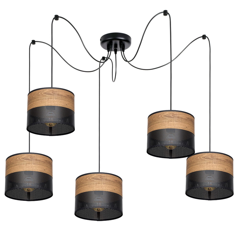 Lampa sufitowa pająk Dora 6050 abażury czarne z wzorem drewna